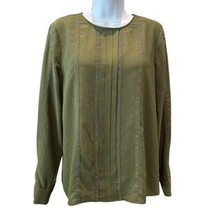 J.Crew Olive Green Long Sleeve Blouse S Lace Detail Button Back‎